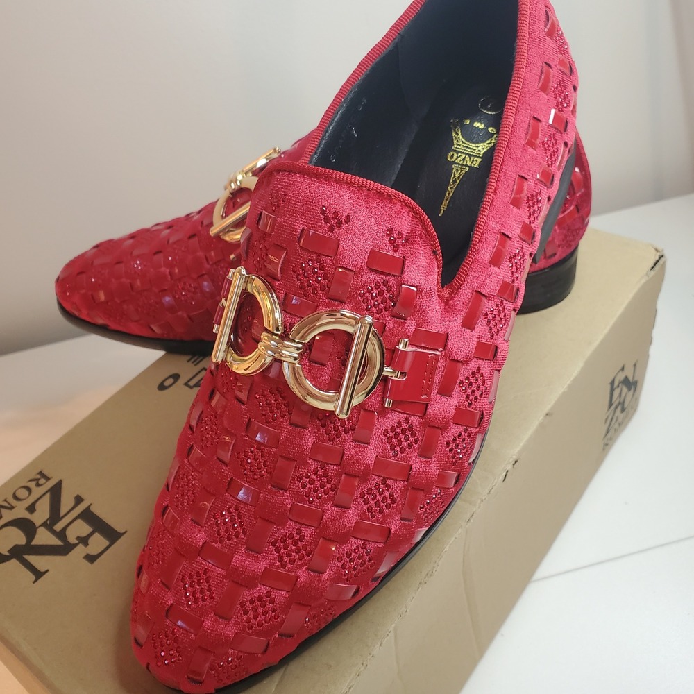 *PROM* Red Rhinestone Studded Loafers Mens Dress Shoes Gold Buckle